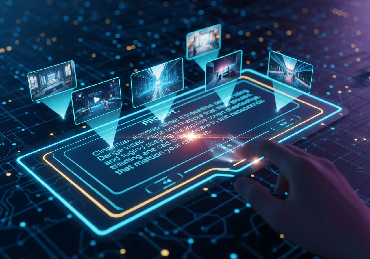 A hyper-realistic illustration of the ShortVideo AI Agent's interface, with a user inputting a complex prompt into a glowing text box.