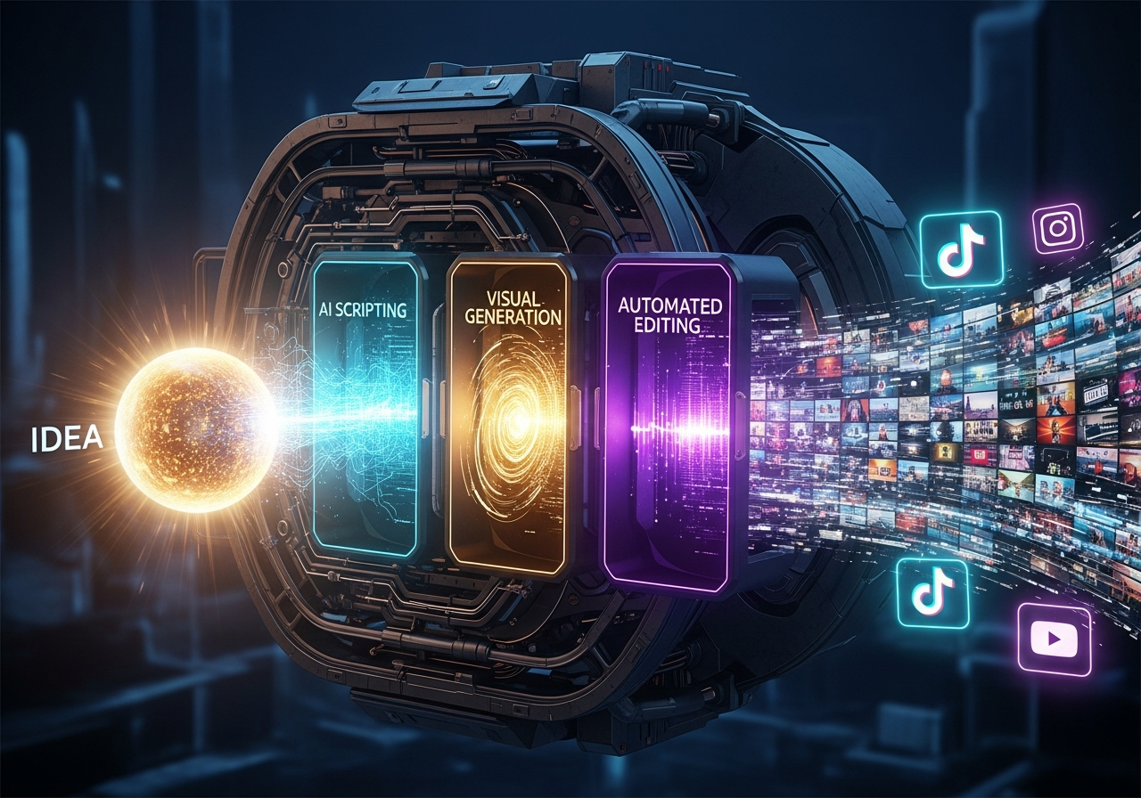 An abstract visualization of the 3-step AI content creation workflow. On the left, a single glowing orb of "Idea" enters a complex, futuristic machine. In the middle, the machine processes it through different modules labeled "Scripting," "Visuals," and "Editing." On the right, a stream of dozens of finished, multi-format videos emerges, flowing towards different social media platform icons.