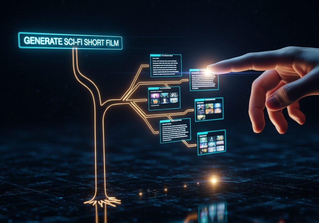 A close-up, holographic interface showing a single text prompt being transformed into a branching tree of multiple, fully-formed video scripts and storyboards. A human finger is touching one of the options, selecting it.