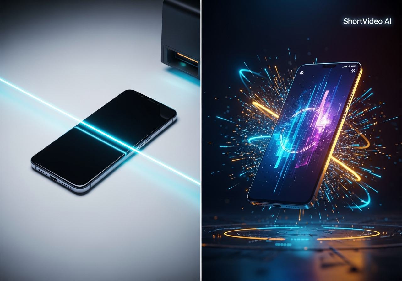 An illustration of the AI Product Video tool in action, transforming a static image of a perfume bottle into a dynamic, animated video scene.