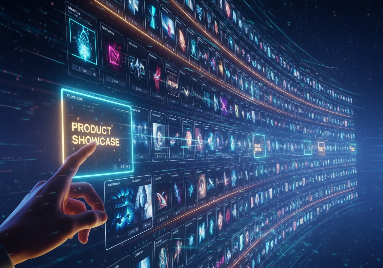 A cinematic view of the ShortVideo AI template library, displayed as a grid of glowing, interactive video cards in a futuristic setting.