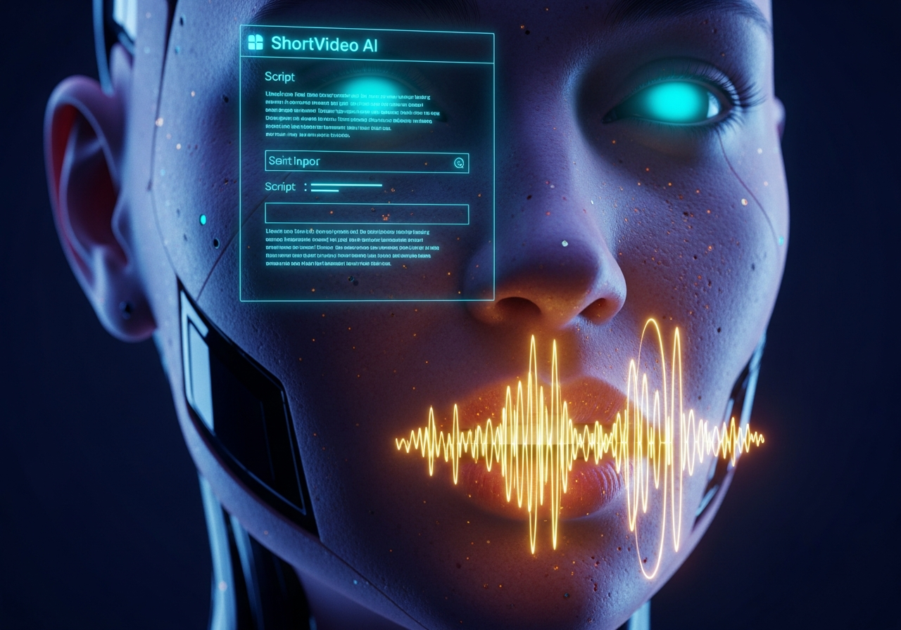A close-up on a hyper-realistic AI avatar within the ShortVideo AI UGC creation tool, speaking the user's script with perfect lip-sync.