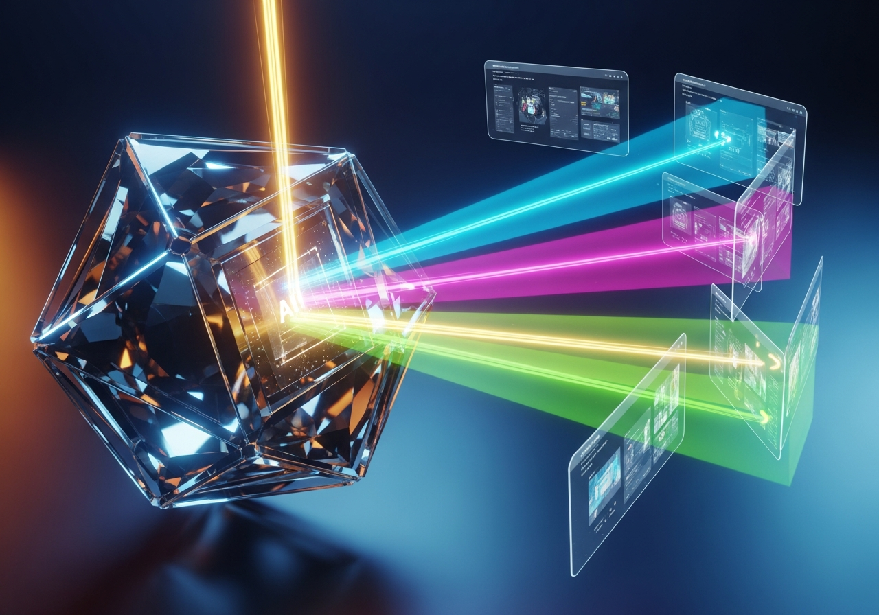 An abstract illustration of the A/B testing process, showing one AI product video splitting into multiple variations for optimization.