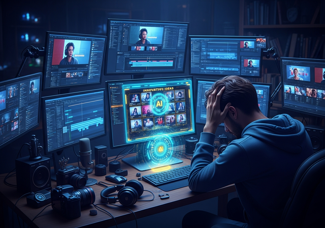 A content creator looking overwhelmed in a dimly lit room, surrounded by multiple screens showing editing timelines and social media feeds. One central screen glows brightly, displaying an AI interface that is effortlessly generating video concepts.