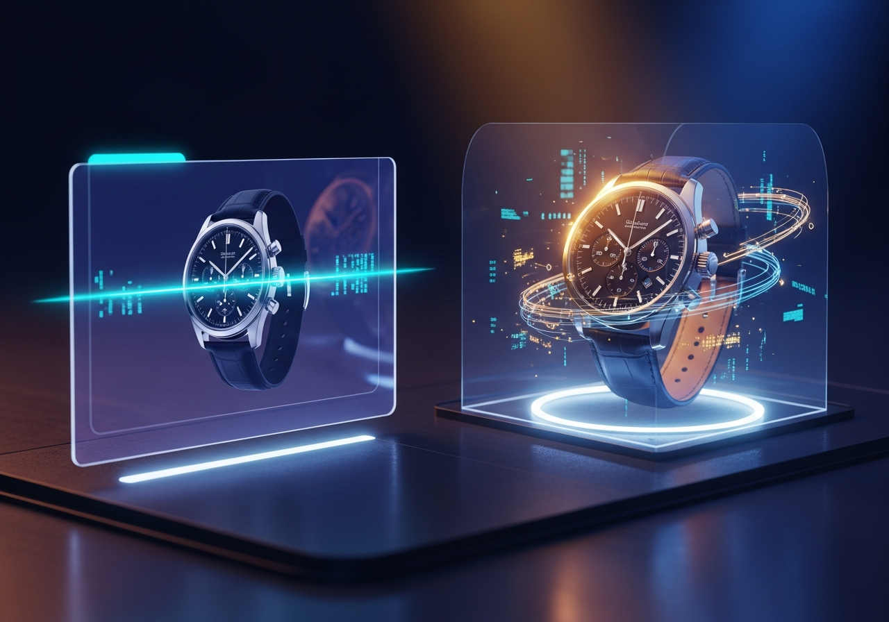 A cinematic illustration showing the ShortVideo AI 'Product Video' tool transforming a 2D product image into a fully animated 3D video.