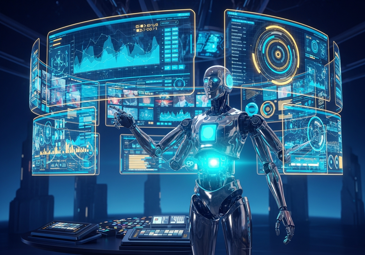 An illustration of a ShortVideo AI Agent autonomously managing and generating multiple video content streams in a futuristic workspace.