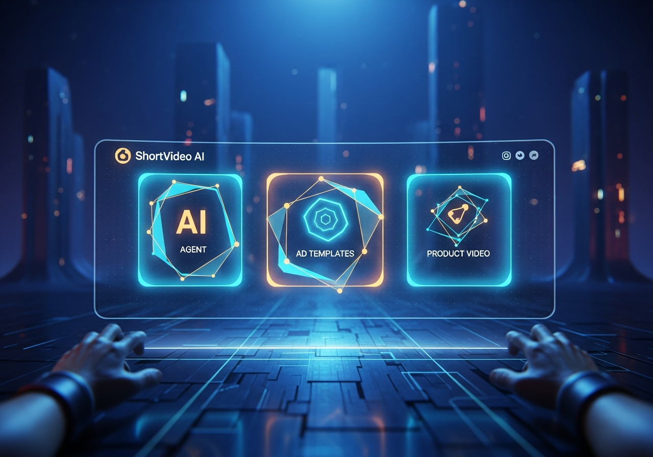 A cinematic, hyper-realistic illustration of the main ShortVideo AI dashboard, presented as a holographic interface in a dark, high-tech environment.