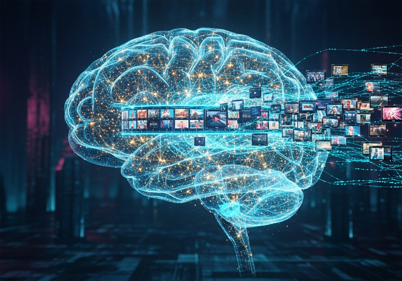 An abstract representation of the ShortVideo AI Smart Editing engine analyzing a long video and repurposing it into valuable short-form content.