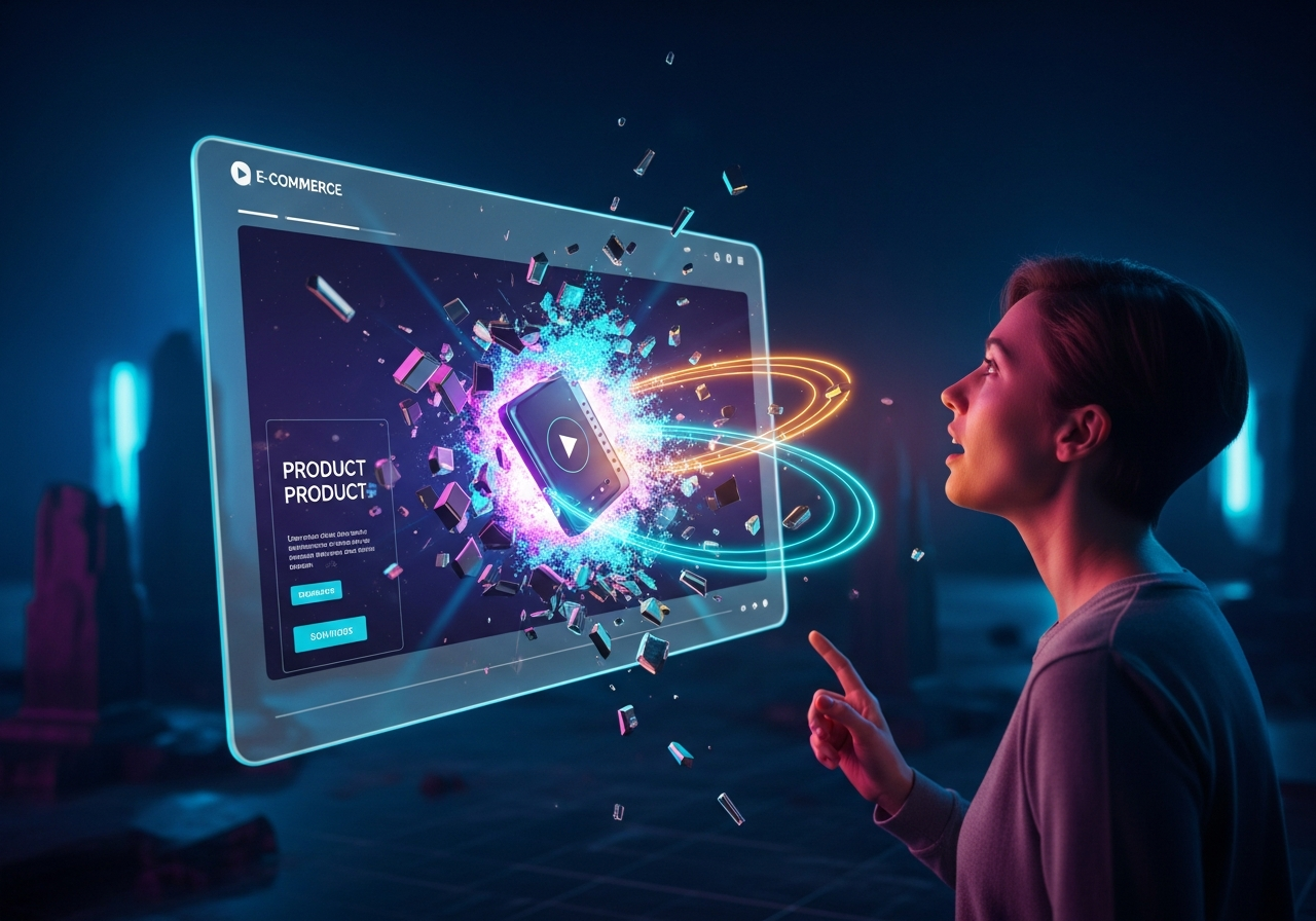 A hyper-realistic illustration depicting a customer looking at a boring static product page, while a dynamic AI product video bursts out from the screen, capturing their attention.