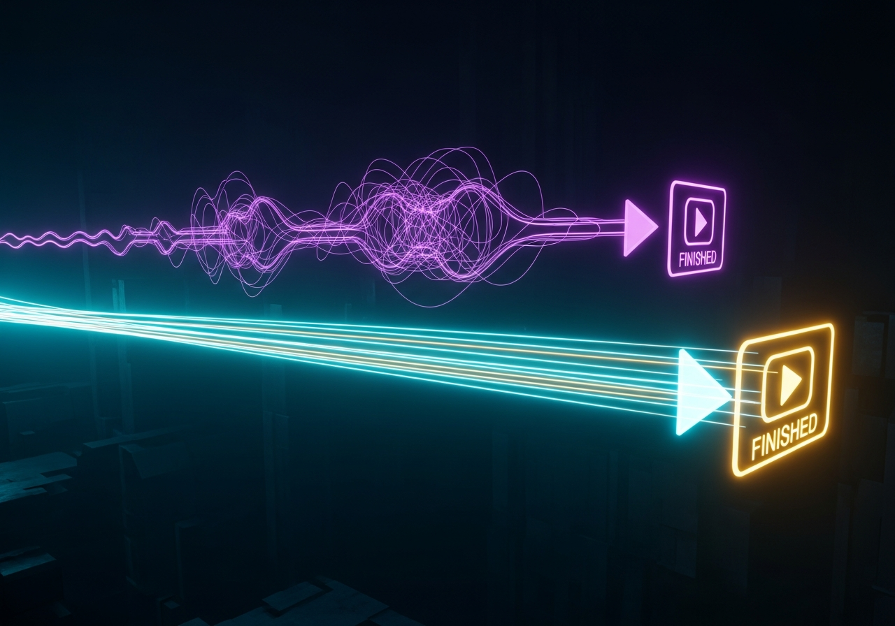 An abstract visualization of two different creative workflows, one complex and tangled, the other streamlined and direct.