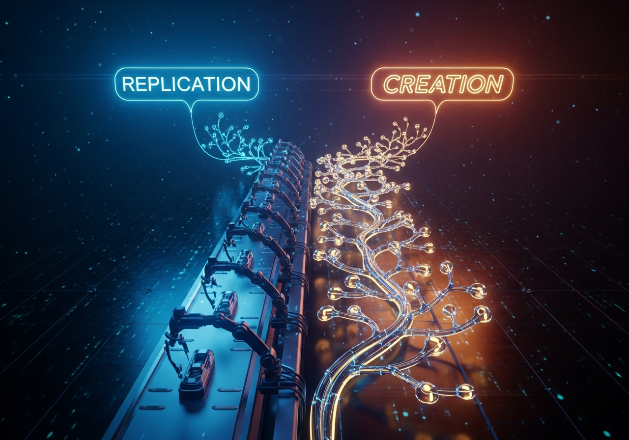 An abstract illustration showing the difference between a repetitive, linear creation path (Topview AI) and a flexible, multi-pathed creative process (ShortVideo AI).